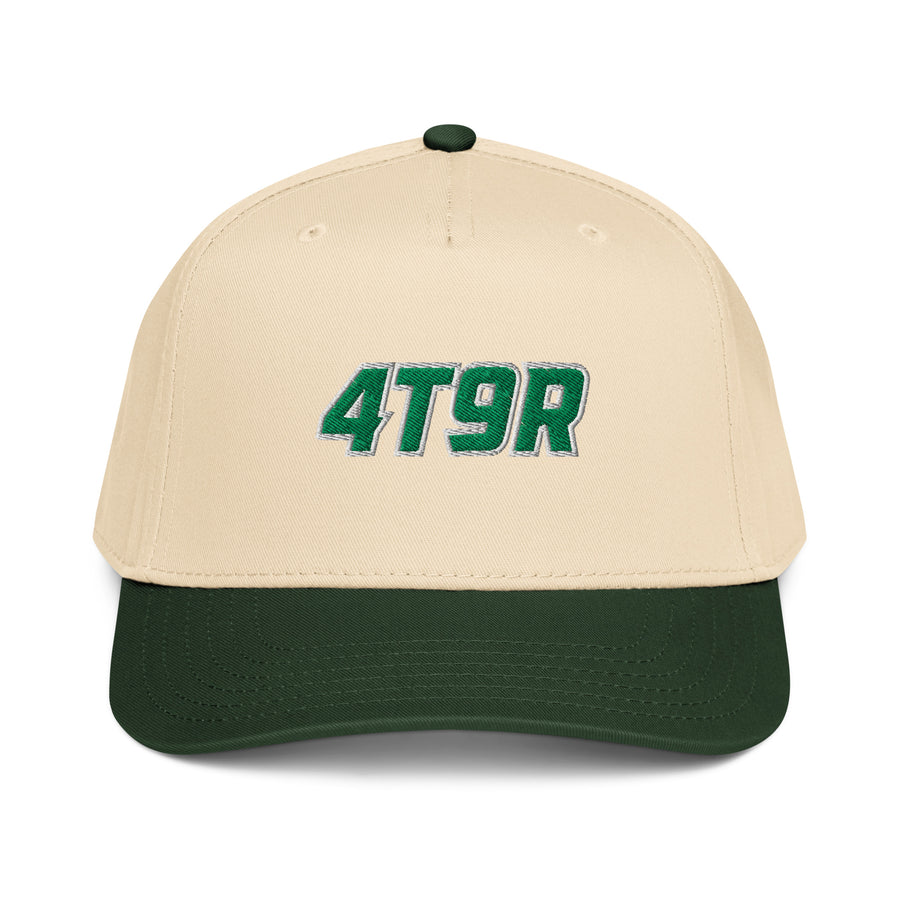 4T9R Five-Panel Cap in dark green natural, front view, featuring embroidered 4T9R design