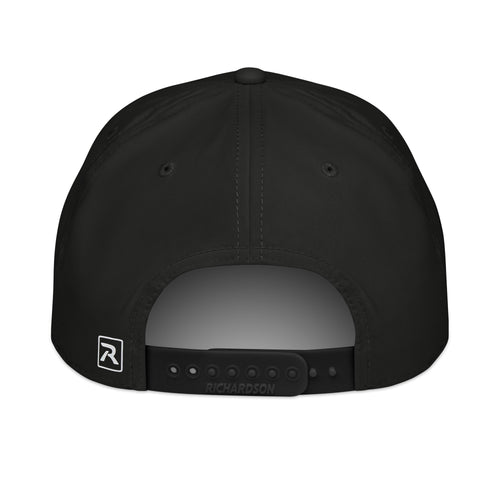 Pickaxe Rope Cap in black white, back view, featuring gold pickaxe logo