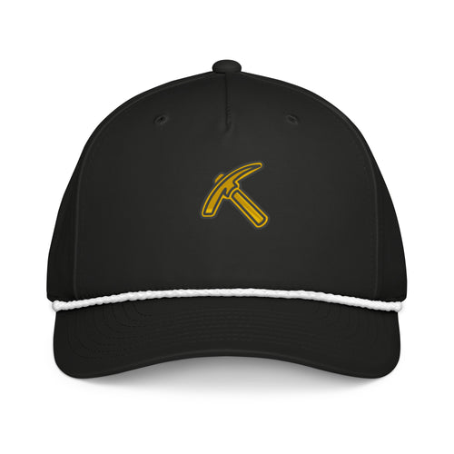 Pickaxe Rope Cap in black white, front view, featuring gold pickaxe logo