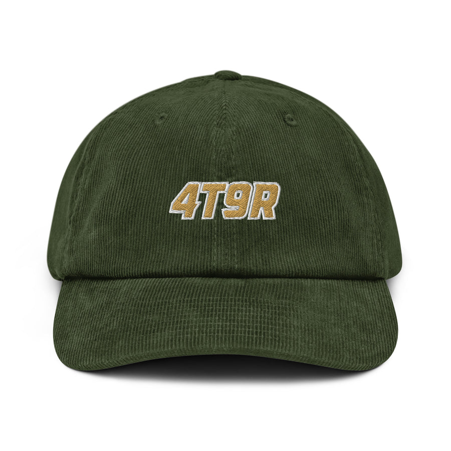 Norm's Corduroy Hat in dark olive, front view, featuring embroidered 4T9R design