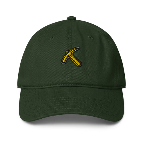 Pickaxe Low-Profile Baseball Cap, front view, featuring gold pickaxe logo