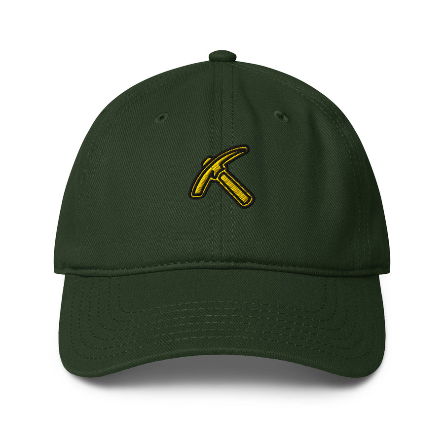 Pickaxe Low-Profile Baseball Cap, front view, featuring gold pickaxe logo