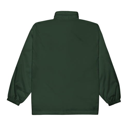 Pickaxe Windbreaker in forest green, back view, featuring gold pickaxe chest logo