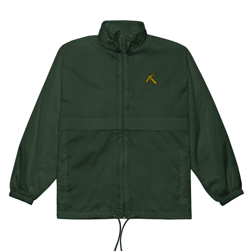 Pickaxe Windbreaker in forest green, front view, featuring gold pickaxe chest logo